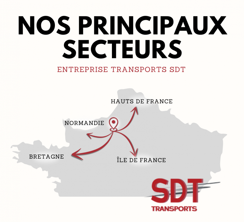 Secteurs d'activités de la société Transports SDT : Normandie, Hauts-de-France, Ile-de-France et Bretagne